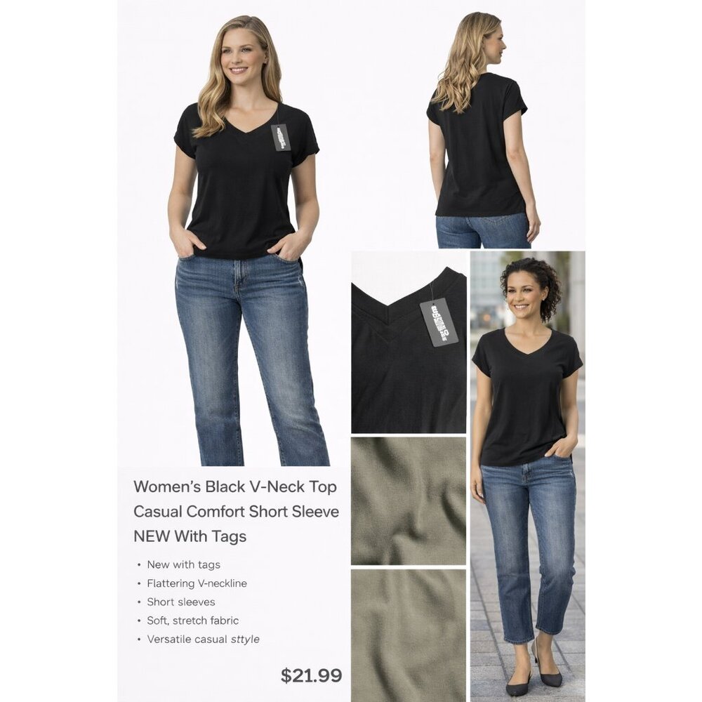 Women Black V-Neck Short Sleeve Top Casual NEW With Tags